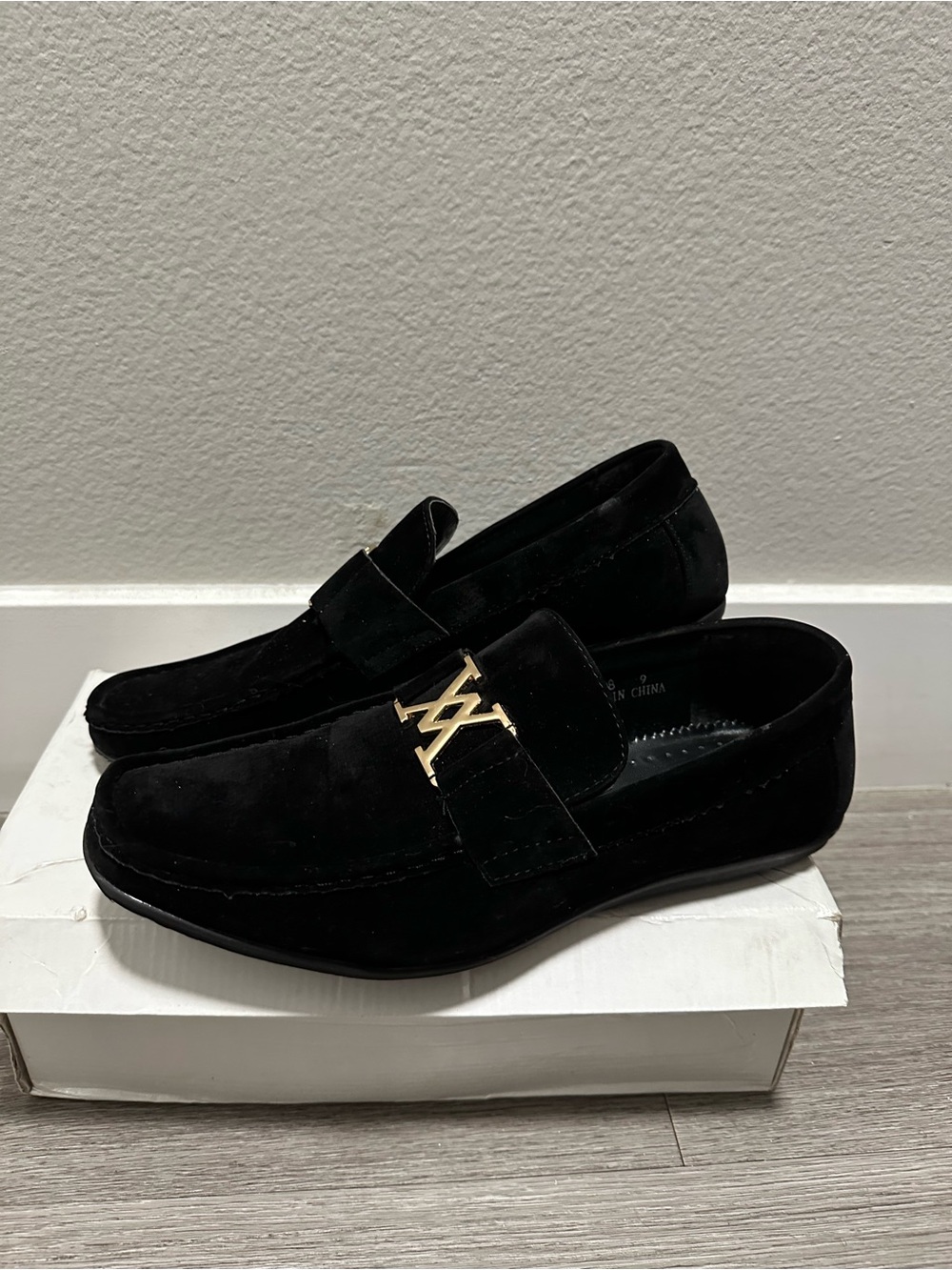 Men's Black Suede Loafers with Gold Accent